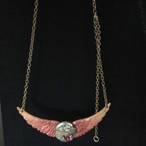 Red and Gold-toned Steampunk Wings Necklace